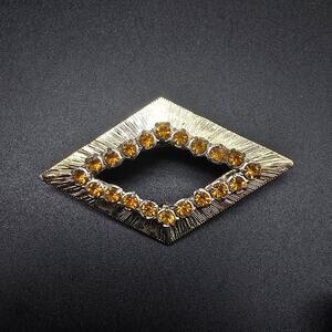 Yellow Rhinestone Diamond Shape Brooch Gold Tone Vintage Glam Jewelry